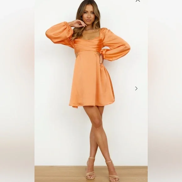 Hello Molly NWT Satin Open Back Cut Out Long Sleeve Orange Mini Dress Medium - Picture 12 of 12